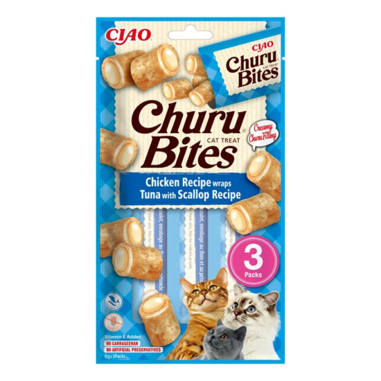 Churu Bites cu Pui, Ton și Scoici, 3 x 10 g – recompense moi pentru pisici